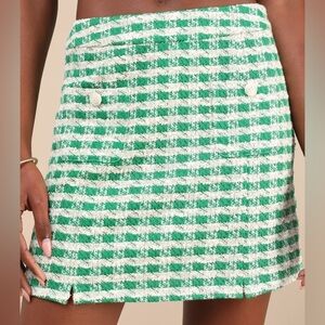 Lulus Clueless Coquette Green and Ivory Plaid Lurex Mini Skirt Sz XL